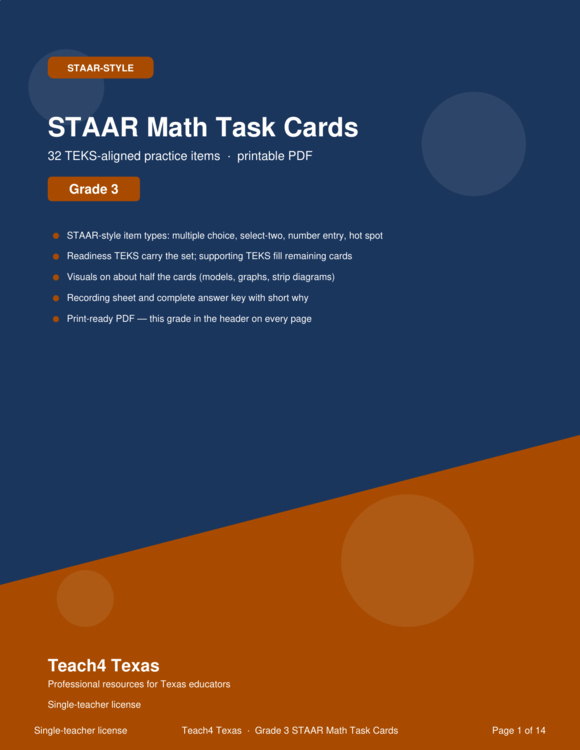 TPT cover preview: STAAR Math Task Cards Grade 3 | 32 TEKS-Aligned Questions with Visuals