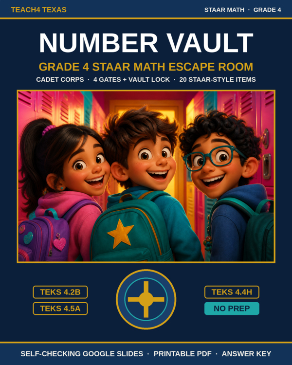 TPT cover preview: Number Vault Grade 4 STAAR Math Escape Room | TEKS 4.4H 4.5A 4.2B |Google Slides