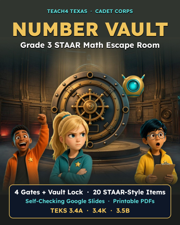 TPT cover preview: Number Vault Grade 3 STAAR Math Escape Room | TEKS 3.4K 3.5B 3.4A |Google Slides