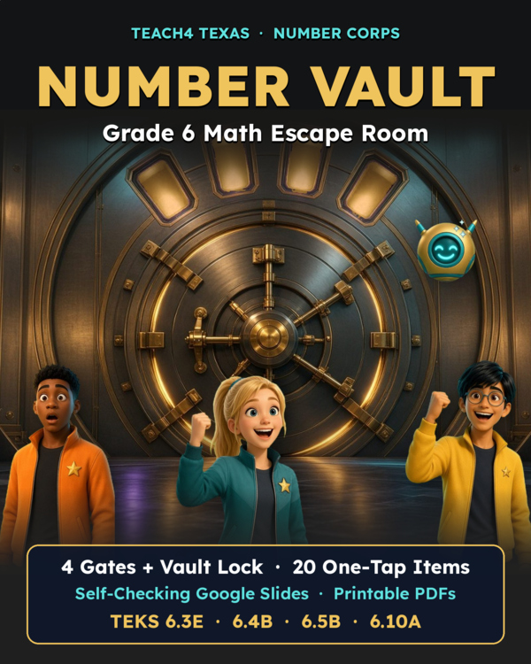 TPT cover preview: Number Vault Grade 6 STAAR Math Escape Room | TEKS 6.3E 6.5B 6.10A|Google Slides