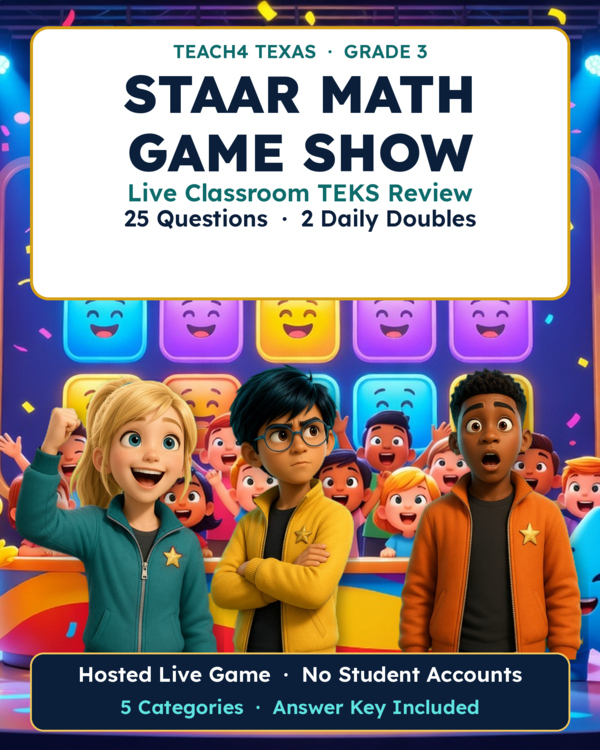 TPT cover preview: STAAR Math Game Show Grade 3 TEKS Review Live Classroom | No Prep