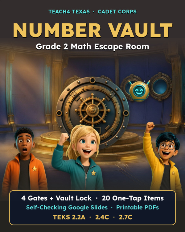 TPT cover preview: Number Vault G2 Math Escape Room | TEKS 2.2A 2.4C 2.7C