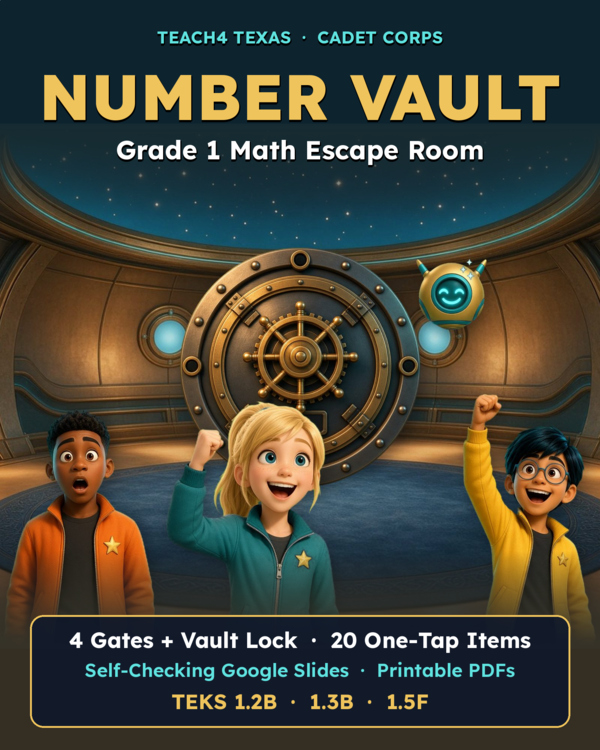 TPT cover preview: Number Vault G1 Math Escape Room | TEKS 1.2B 1.3B 1.5F