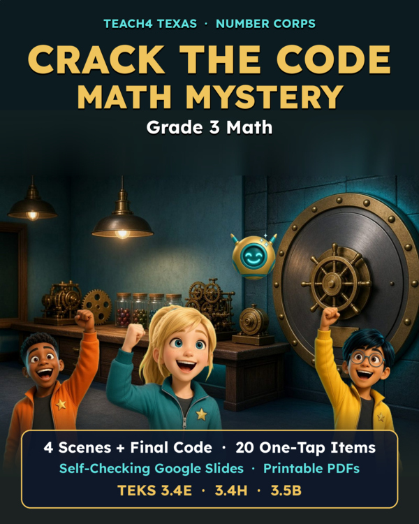Product preview: Crack the Code Math Mystery Grade 3 Multiplication Division TEKS 3.4E 3.4H 3.5B