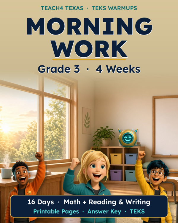 Product preview: Texas Grade 3 Morning Work  4 Weeks TEKS Warmups (Print + Easel)