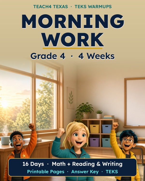 Product preview: Texas Grade 4 Morning Work — 4 Weeks TEKS Warmups (Print + Easel)