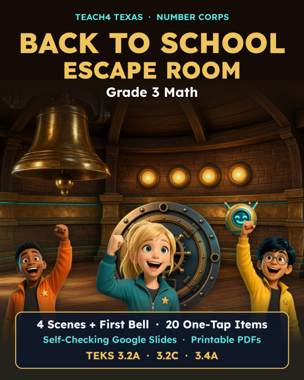Product preview: Back to School Escape Room Grade 3 Math Place Value Rounding TEKS 3.2A 3.2C 3.4A