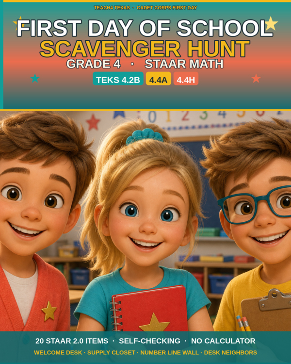 Product preview: First Day of School Scavenger Hunt | Grade 4 STAAR Math | TEKS 4.2B 4.4A 4.4H