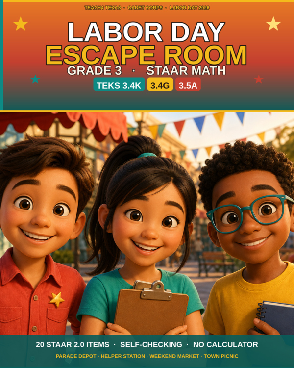 Product preview: Labor Day Math Escape Room | Grade 3 STAAR Review | TEKS 3.4K 3.4G 3.5A