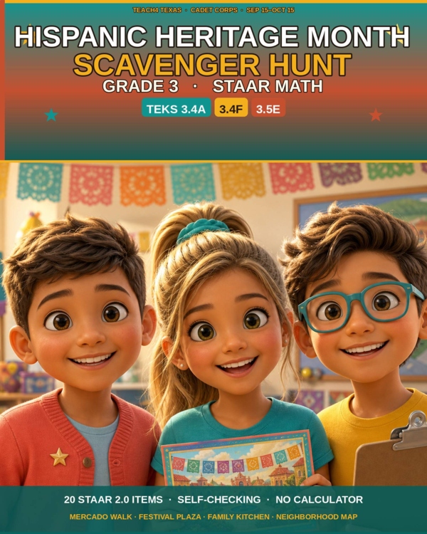 Product preview: Hispanic Heritage Scavenger Hunt | Grade 3 STAAR Math | TEKS 3.4A 3.4F 3.5E
