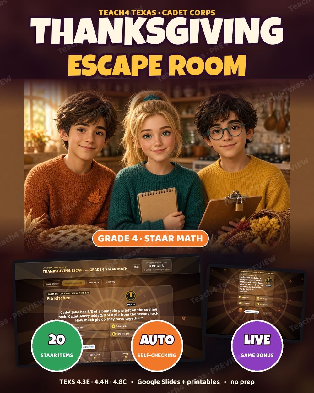 Product preview: Thanksgiving Escape Room | Grade 4 STAAR Math | TEKS 4.3E 4.4H 4.8C
